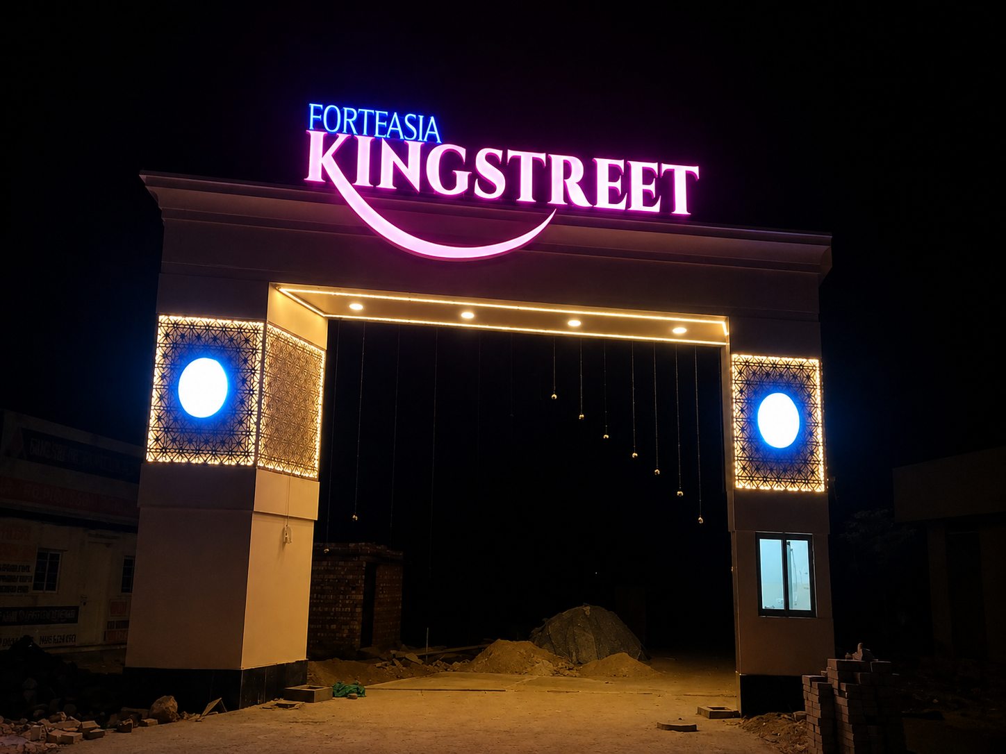 Illuminated entrance gate at Forteasia Kingstreet